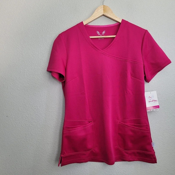NWT Smitten Women's Scrub Top S Pink Solid Logo Polyester Short Sleeves Pockets - Picture 1 of 10